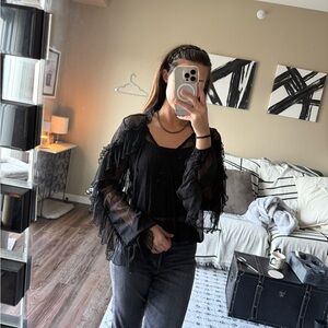 Buckle Black Sheer Ruffle Blouse